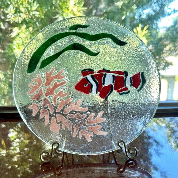 Vintage Retired Peggy Karr Fused Glass Tropical Fish Black Red Coral Reef  Plate - Picture 8 of 8